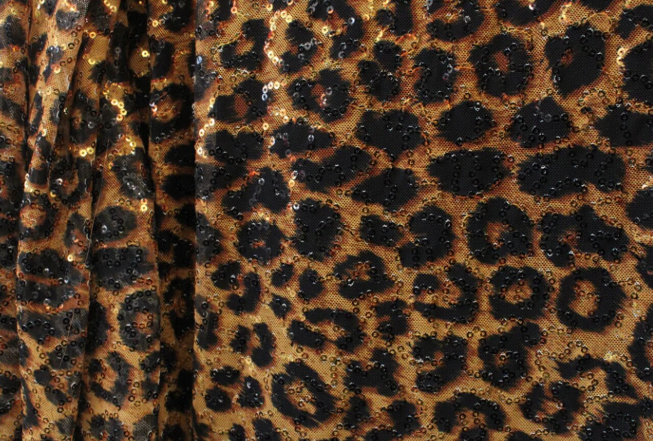 1 Yard Amber Cheetah 4-Way Stretch Sequin Mesh Printed Fabric Multipurpose 36" x 60"
